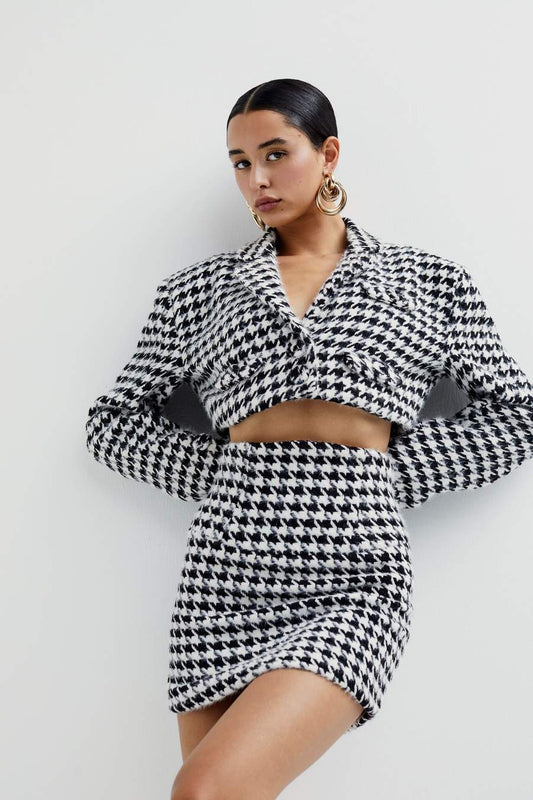 flowersverse Autumn Winter Fashion Tweed Suits Two Piece Set Women Full Sleeve Short Coat Top Women And High Waist Skirt Women's Suit