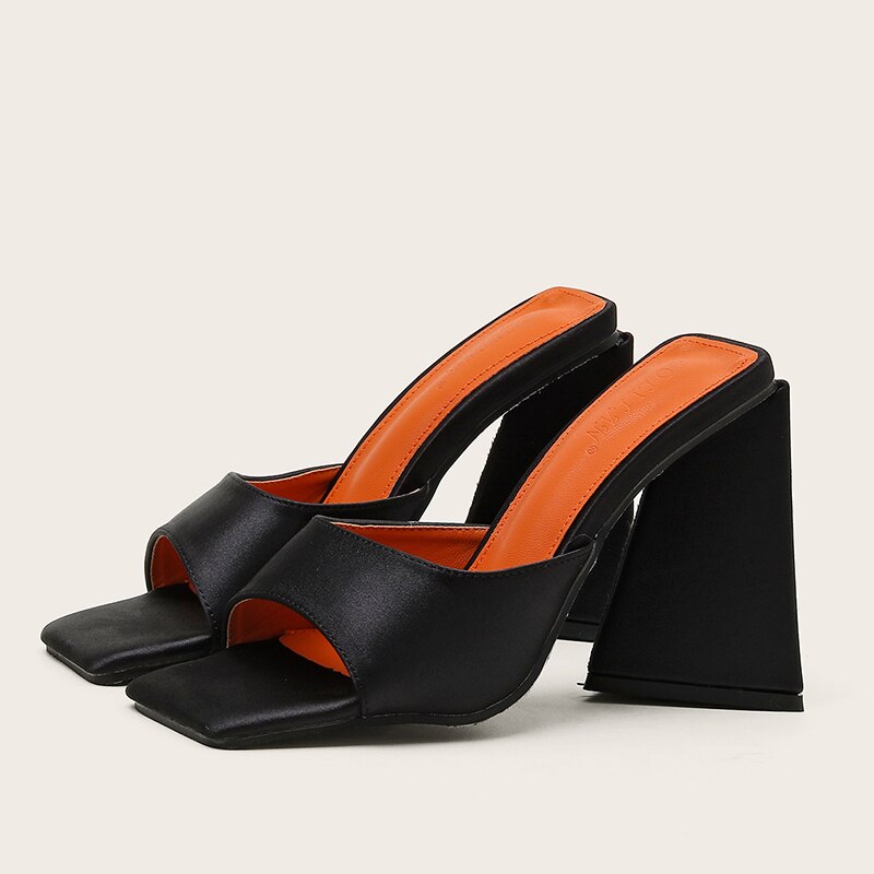 flowersverse Women Design 11cm High Heels Slides Mules Summer Silk Thick Block Heels Sandals Slingback Orange Slipper Party Chunky Shoes