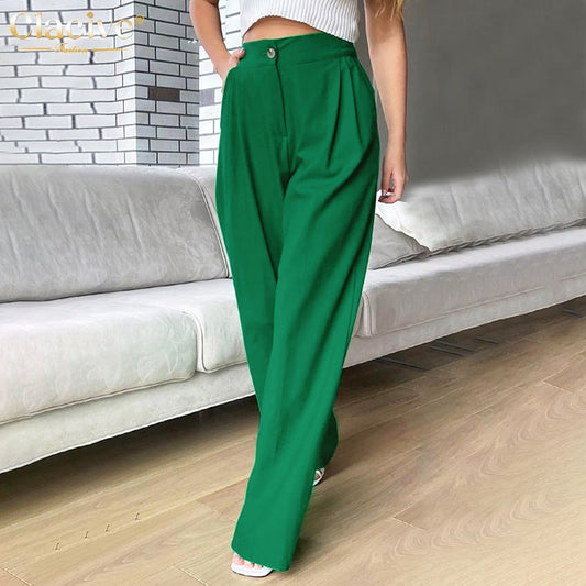 flowersverse Autumn Green Casual Womens Trouser Suits Fashion Loose Pleated Office Ladies Pants Vintage High Waist Pants For Women