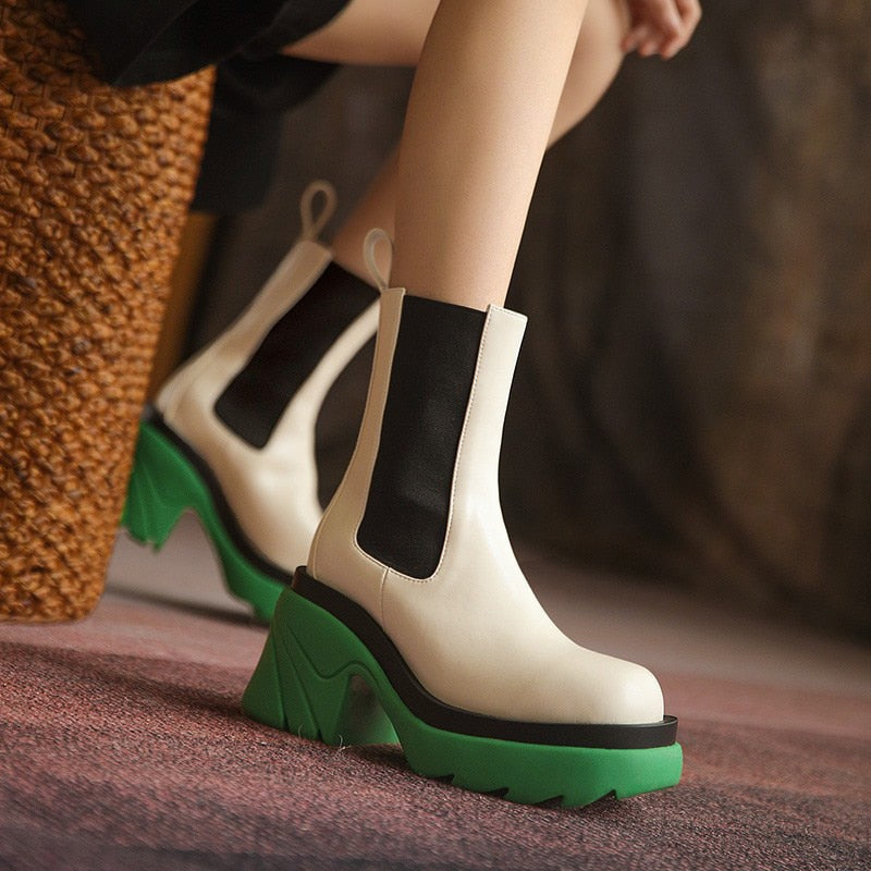 flowersverse Ankle Boots Metal Chain Slip On Thich Platform Short Boots Ladies Mixed Color Autumn Winter Shoes Female Chelsea Fashion