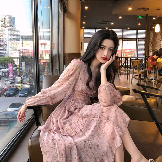 flowersverse Bella Philosophy Clothing Dresses Vestidos Print Korean Style Fashion New Long Sleeve Autumn Chiffon Pink Women