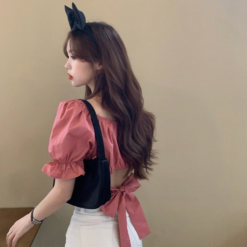 flowersverse Blouses Women Summer Puff-Sleeve Crop-Top Backless Sexy Club Pleated Solid Elegant Sweet Girls Bow Lace-Up Korean Style Blusas