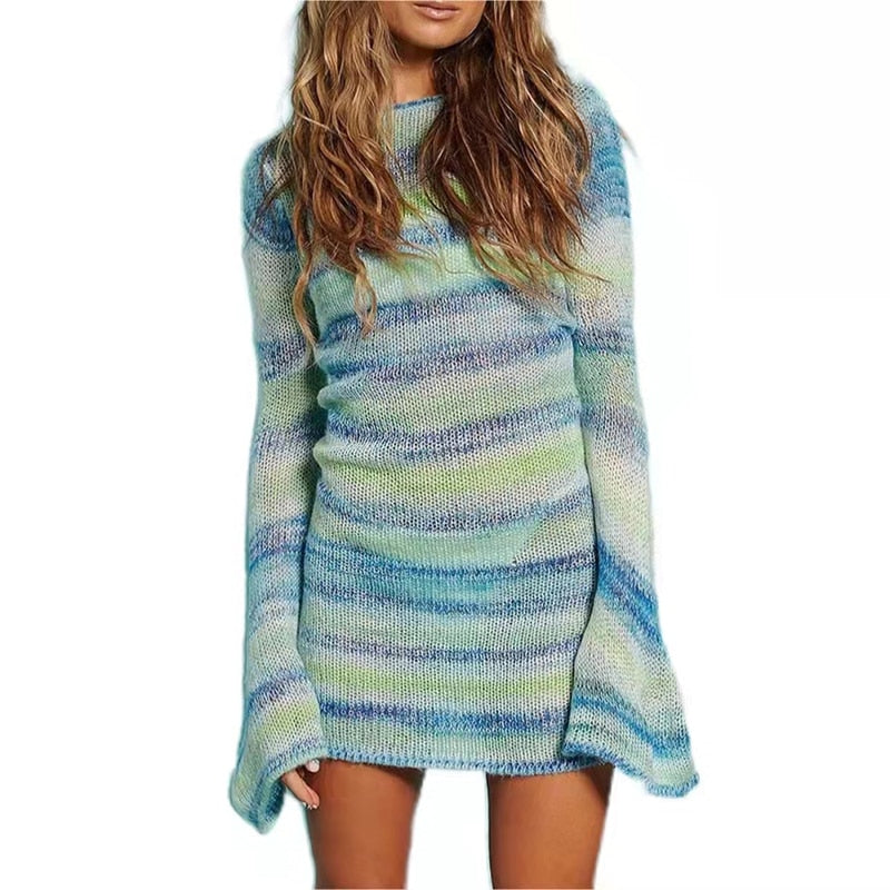 flowersverse Autumn Outfits Tie Dye Mini Knitted Sweater Dress Women Long Sleeve Sexy Backless Beach Bodycon Dress For Women Winter Clothing