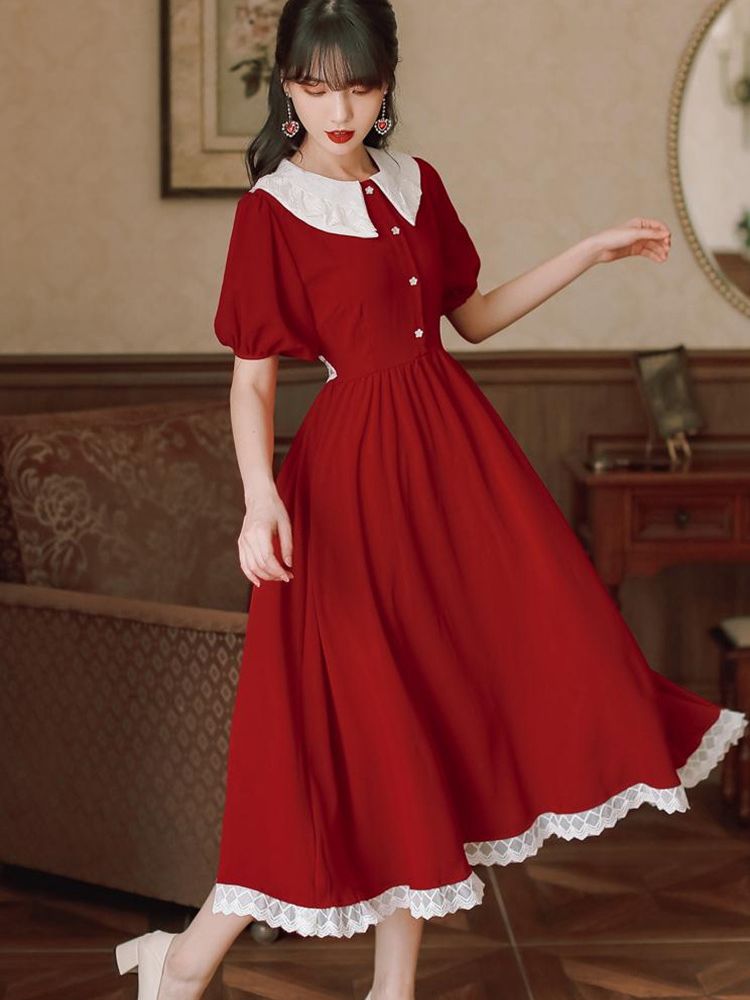 flowersverse Back to school Summer Women Red Dress Japanese Style Lace Peter Pan Collar Vintage Elegant Lady Long Midi Dresses Vestido Robe Rouge Femme