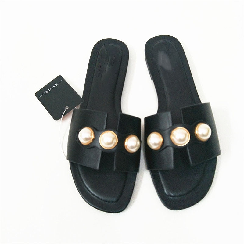 flowersverse Fashion Flat Slippers Party shoes Fulgurant Pearl Sandals thin Belt Roman Flat Women Flip Flops Casual Beach