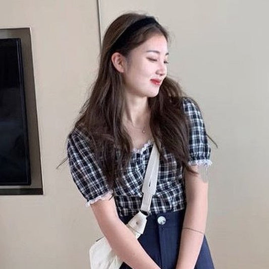 flowersverse Blouses Women Plaid Summer Lace Leisure Short Sleeve Slim Female Top All-Match Square Collar Stylish Daily Student Korean Style