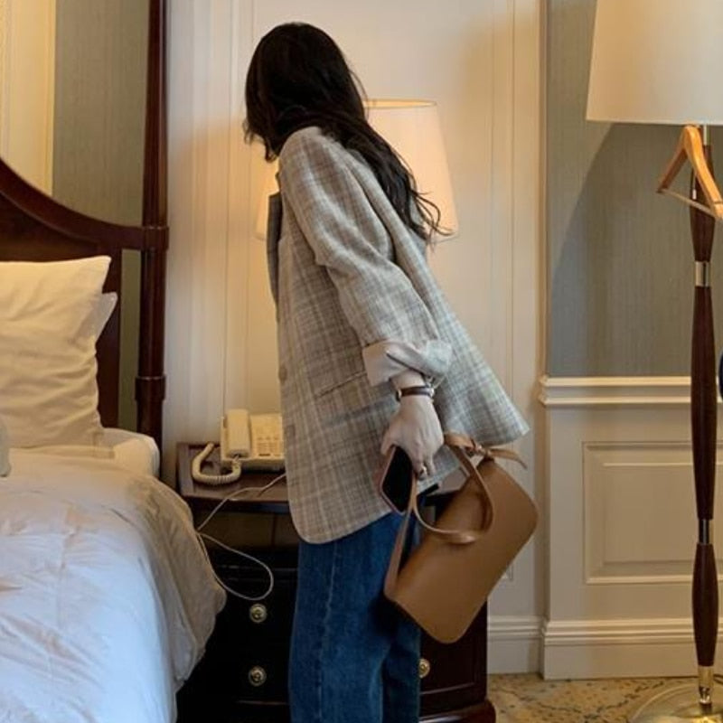 flowersverse Blends Women Classic Retro Plaid Outer Wear Tender All Match College Ladies Fashion French Warm Long Sleeve Casual Elegant Ins