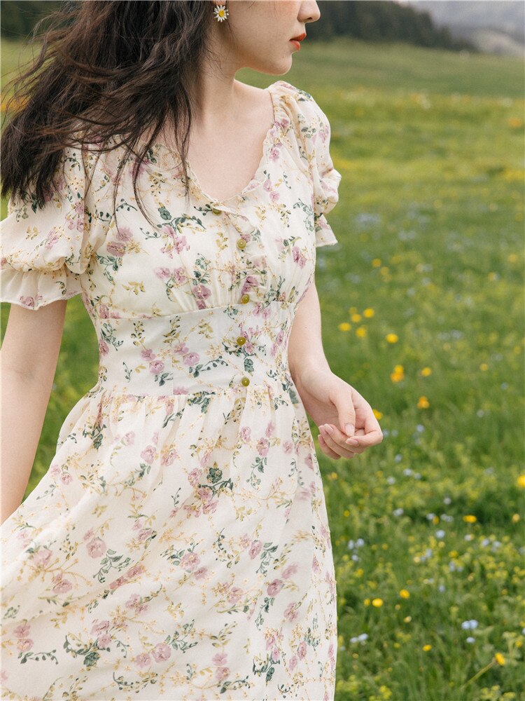 flowersverse Back to school Summer Print Floral Lady Dress Cottagecore Vintage Puff Sleeve V-Neck Romantic Dresses For Slim Women Robe Fleurie Femme Vestido