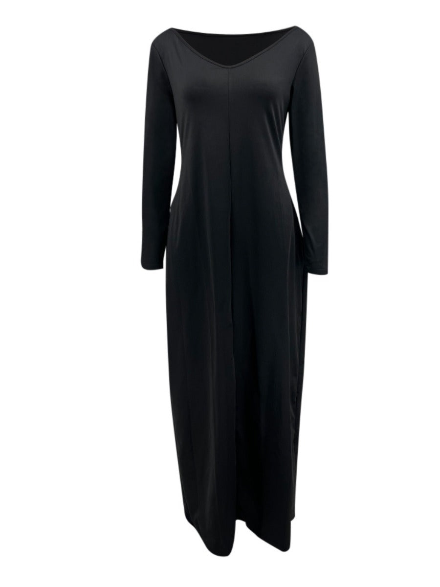 flowersverse Plus Size V Neck Pocket Design Loose Dress AT9051