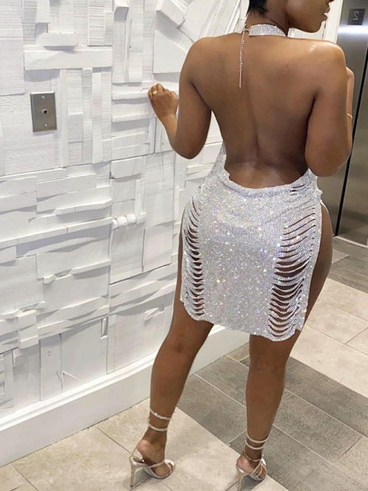 flowersverse SXY Sequined Backless Thigh Slit Dress AT9025