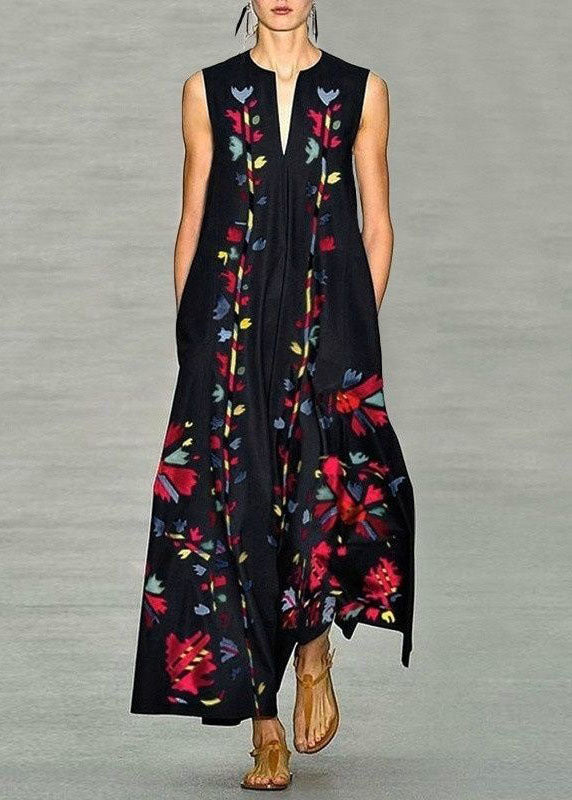 flowersverse New Navy V Neck Print Chiffon Long Dress Sleeveless LY1925