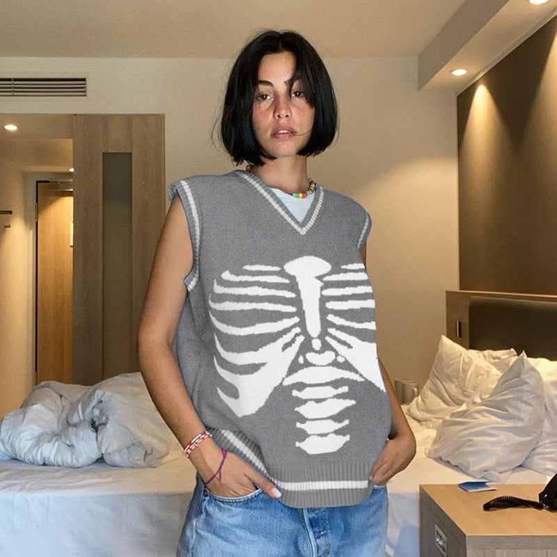flowersverse Autumn V-Neck Sweater Vest Sternum Skull Printed Knitted Vest Skeleton Loose Casual Sleeveless Top Preppy Style Tops Women