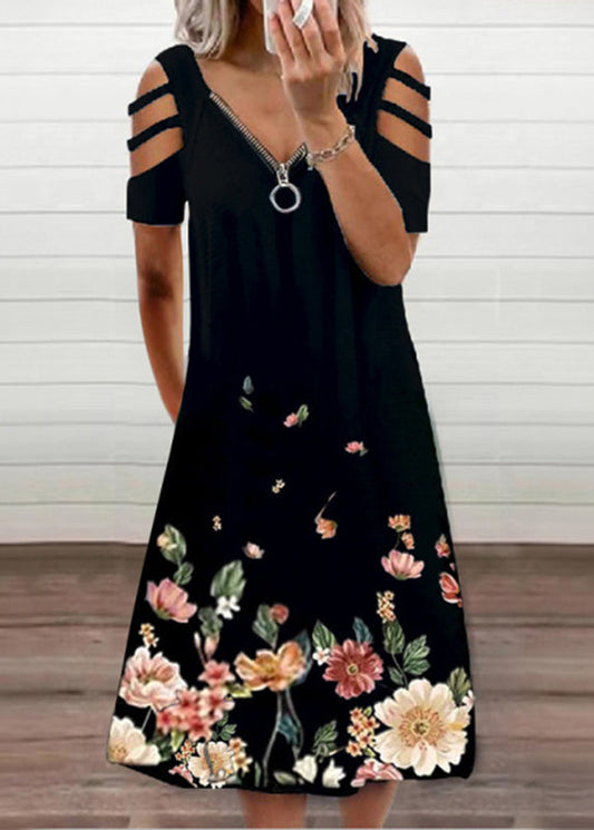 flowersverse Printed Off The Shoulder Crew Neck Mid Dress Black LY1944