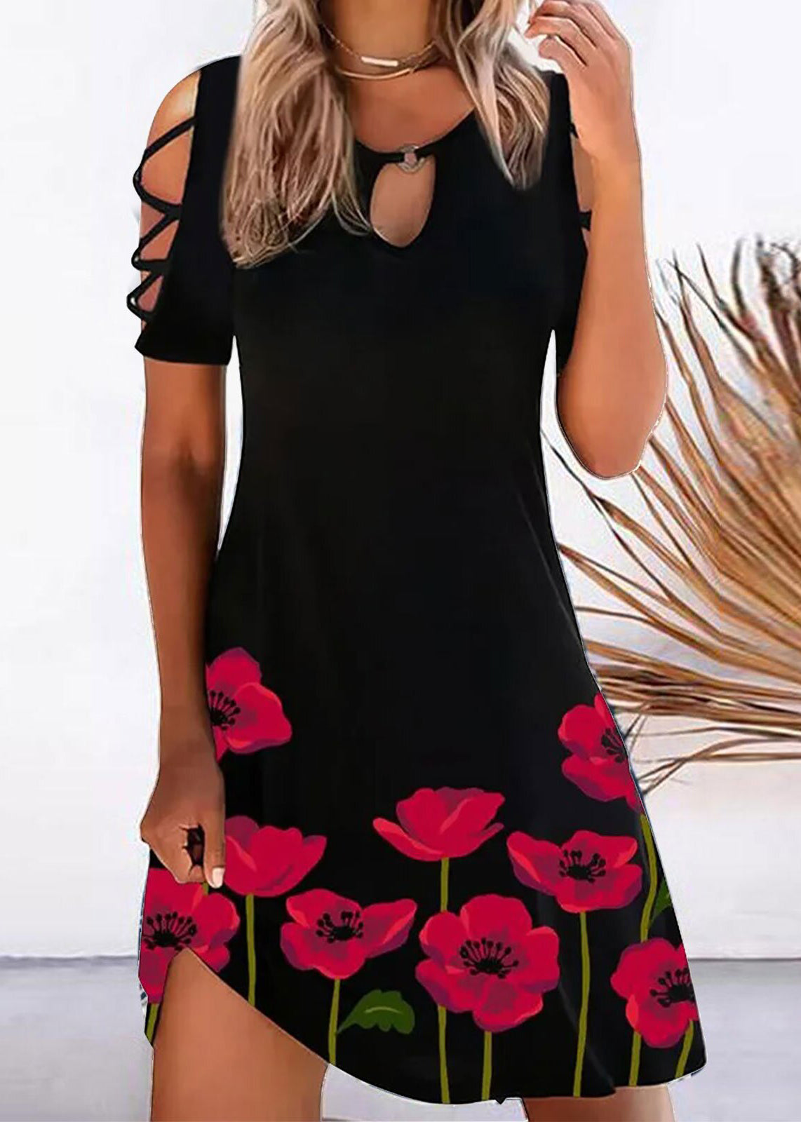 flowersverse Printed Off The Shoulder Crew Neck Mid Dress Black LY1944