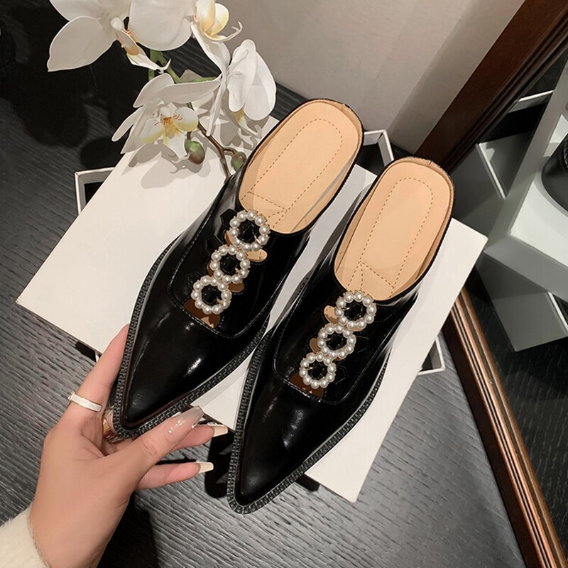 flowersverse Summer Shoes Women Pearl Women Slippers Covered Toe Chunky Mules Patent Leather Shoes for Women Slingback Sandals Handmade Shoes