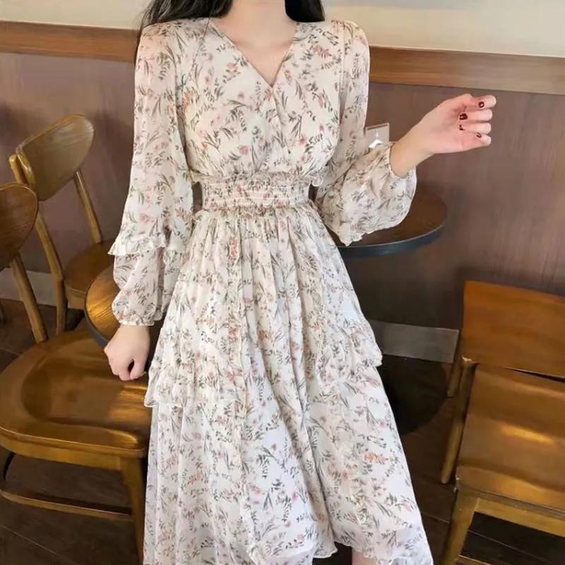 flowersverse Bella Philosophy Clothing Dresses Vestidos Print Korean Style Fashion New Long Sleeve Autumn Chiffon Pink Women