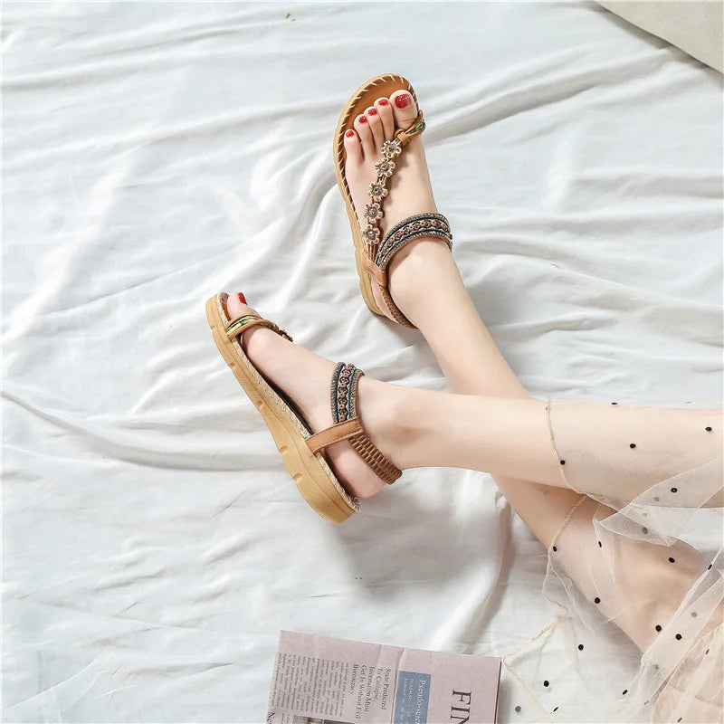 flowersverse-Plus Size 36-41 Shoes for Women Summer Fashion Rhinestone Flat Bottom Female Clip Toe Shoes Outdoor Beach Ladies Sandal Women