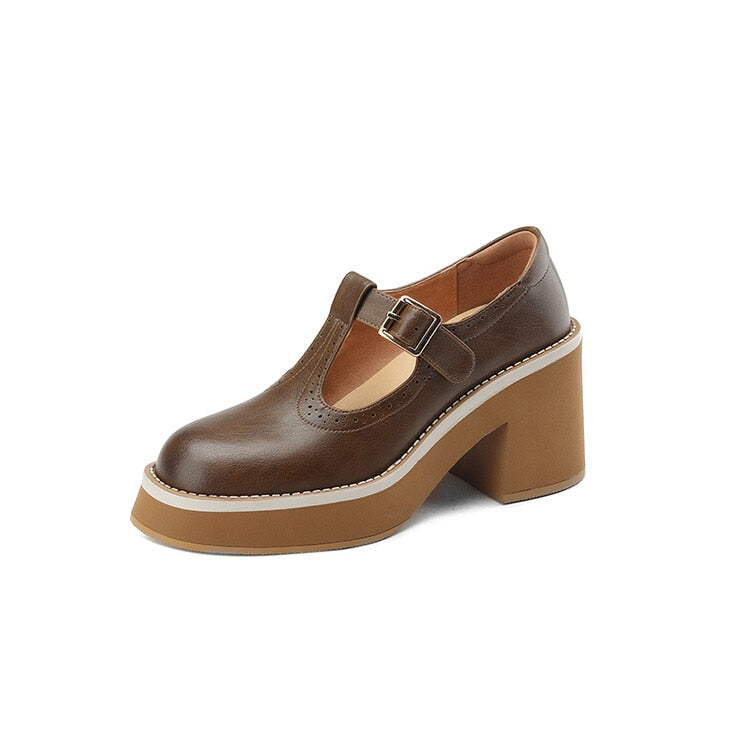 flowersverse NEW Spring Women Shoes Round Toe Chunky Heel Mary Janes Split Leather Platform Shoes for Women Fashion Solid High Heels Women