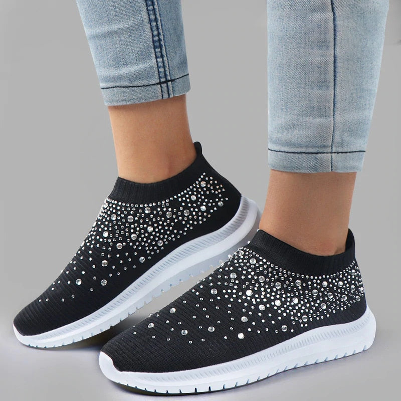 flowersverse Shining Crystal Flats Shoes for Women Plus Size Breathable Mesh White Sneakers Woman Spring Summer Soft Sole Sports Shoes