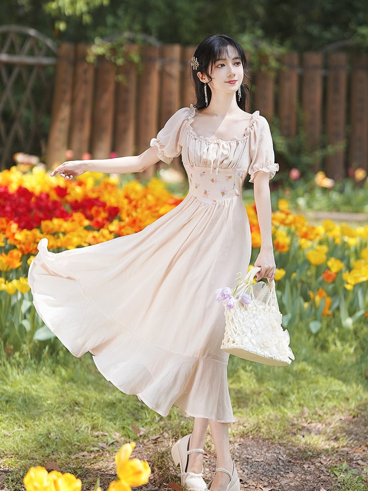 flowersverse Back to school Summer Vintage Cottage Style Woman Dress Mori Girl Embroidery Floral Petal Sleeve Bandage Retro Princess Dresses Vestido Festa