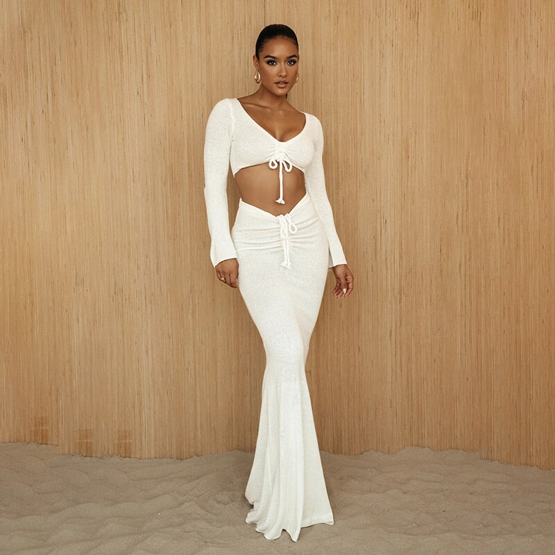 flowersverse Autumn Two Piece Skirt Set Women V Neck Long Sleeve T-shirt And Long Skirt Ladies Skirt Sets Pink Hoco Dress