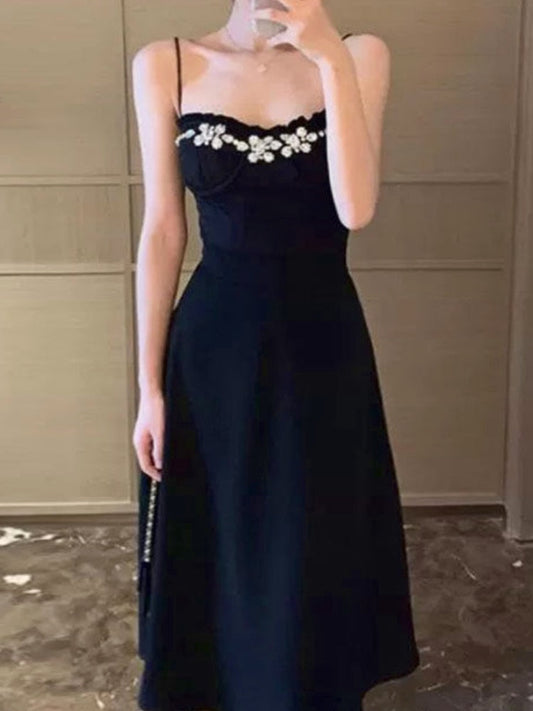 flowersverse Black Backless Strap Dress Women Sexy Party Elegant Retro Midi Dresses Slim Designer Chic Holiday Casual Hepburn Dress New K88