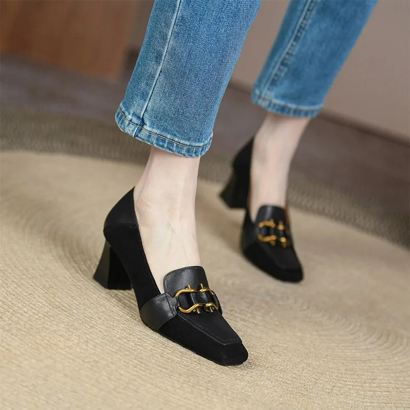 flowersverse-Retro Luxury Women's Shoes Pumps New Metal Decoration Square Toe Brand Mueller Shoes Green Designer High Heeled Loafers