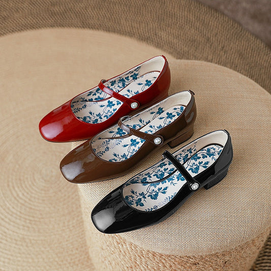 Back to school new spring women pumps natural leather 22-25cm length cowhide Patent leather round toe Mary Jane Middle heel women shoes