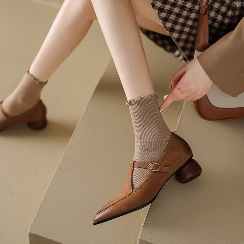 Back to school new Spring women pumps natural leather 22-24.5cm length sheepskin t-tied pointed toe Buckle Mary Jane shoes T-strap