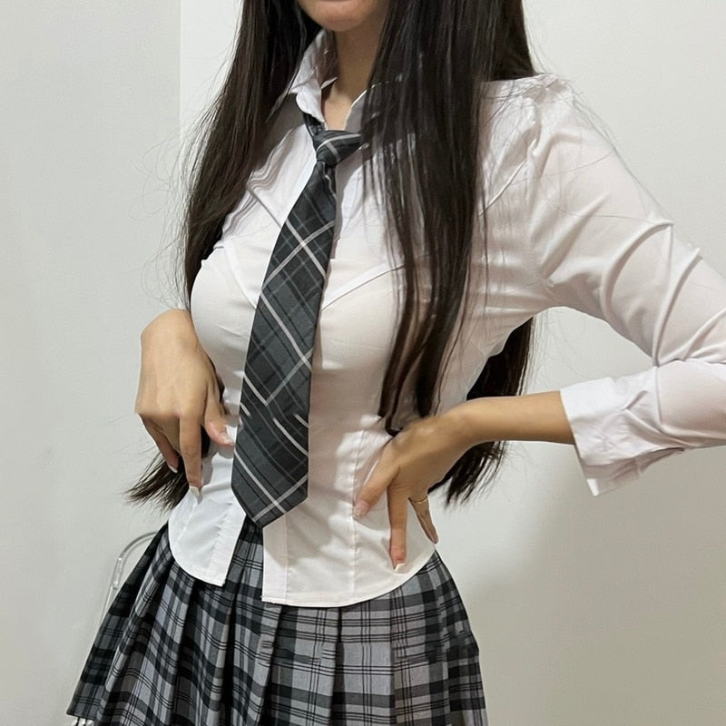 Back to college Slim Basic White Shirt Women Tunics Vintage Cute Korean Style Long Sleeve School Shirt Girls Casaul Jk Uniform Tops