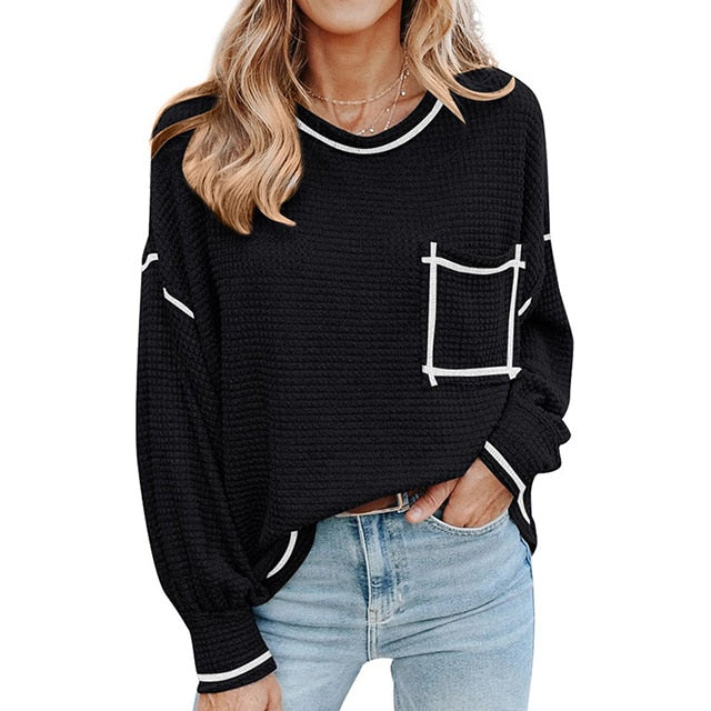 flowersverse Autumn Winter Feminine Clothes Fashion Casual Loose Puff Sleeve Pocket Women Tops Contrast Color Splice Vintage Ladies Pullovers