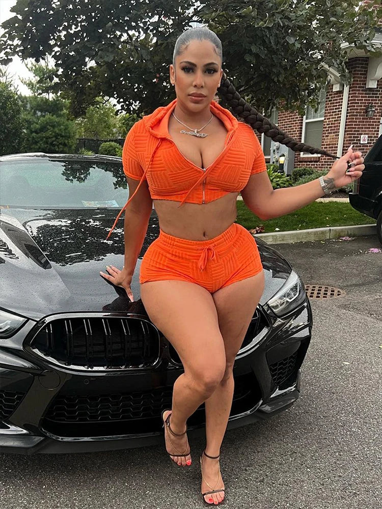 flowersverse-Hooded T-shirts 2 Piece Sets Women Summer New Short Sleeve Cotton Tops And High Waist Shorts Suit Zippers Fashion Casual Outfits