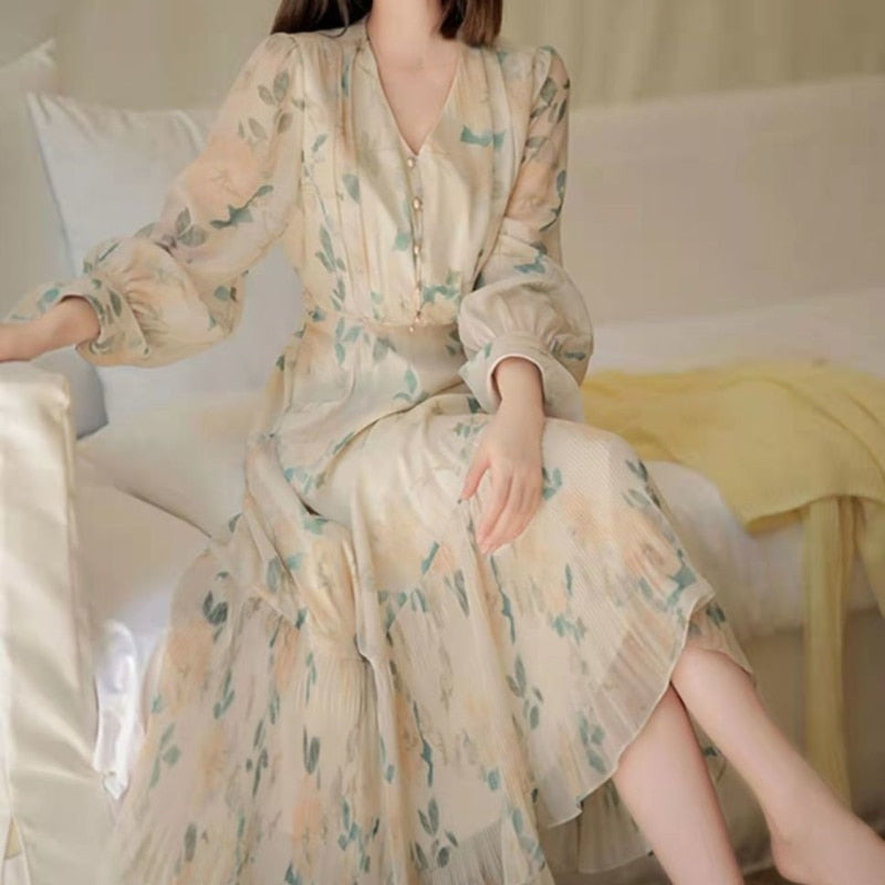 flowersverse Back to school outfit Summer Chiffon Beach Elegant Midi Dress Woman Vintage Evening Party Dress Casual Long Sleeve One Piece Dress Korean Chic
