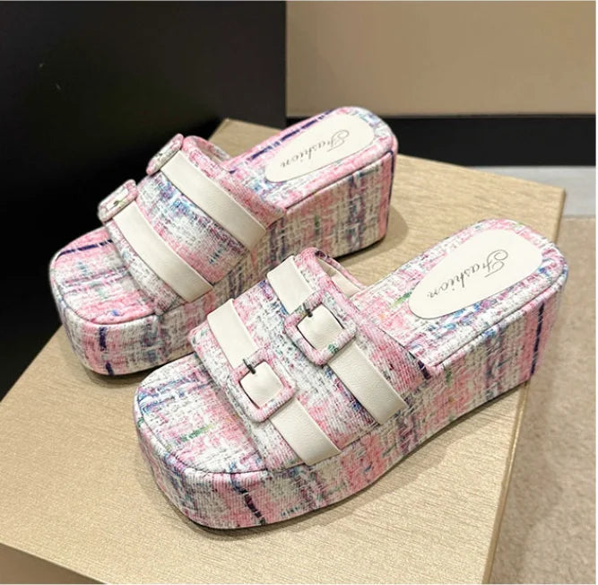 flowersverse-Square Head Platform Slippers Belt Buckles Corduroy Open-toe Women Sandals Summer New Designer Shoes Fashion Wedge Sandals