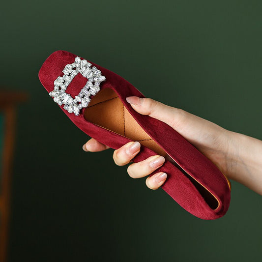 flowersverse new spring women pumps natural leather 22-24.5cm length sheepskin suede shoes of women Square toe rhinestone buckle shoes