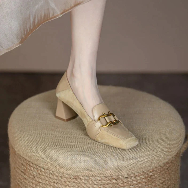 flowersverse-Retro Luxury Women's Shoes Pumps New Metal Decoration Square Toe Brand Mueller Shoes Green Designer High Heeled Loafers