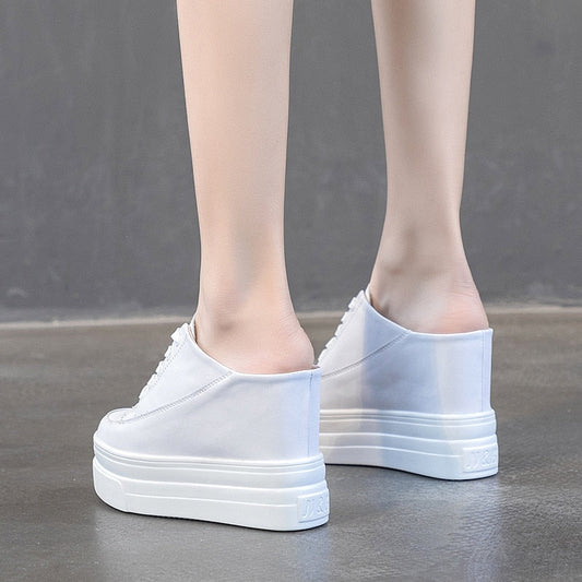 flowersverse 11Cm Platform Wedge Women Shoes Mules Genuine Leather Hidden Heel Women Summer Shoes Slides Sandals Slippers Spring Autumn