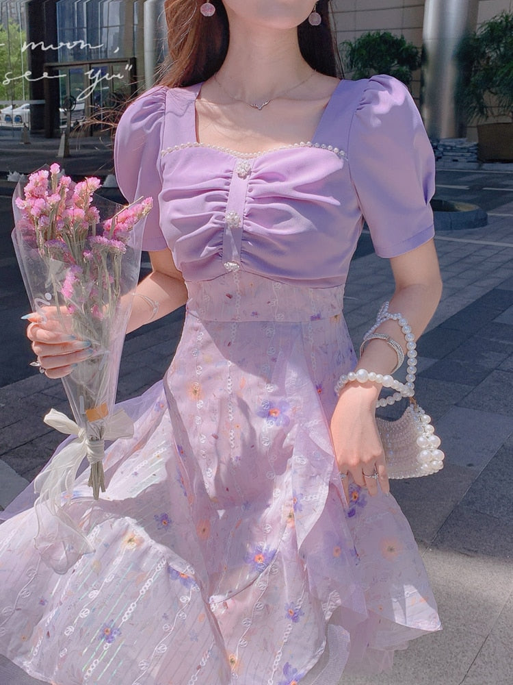 flowersverse Back to school Korean Design Lavender Chiffon Dress Woman Summer Chic Beading Print Floral Asymmetrical Dresses For Club Party Vestido Festa