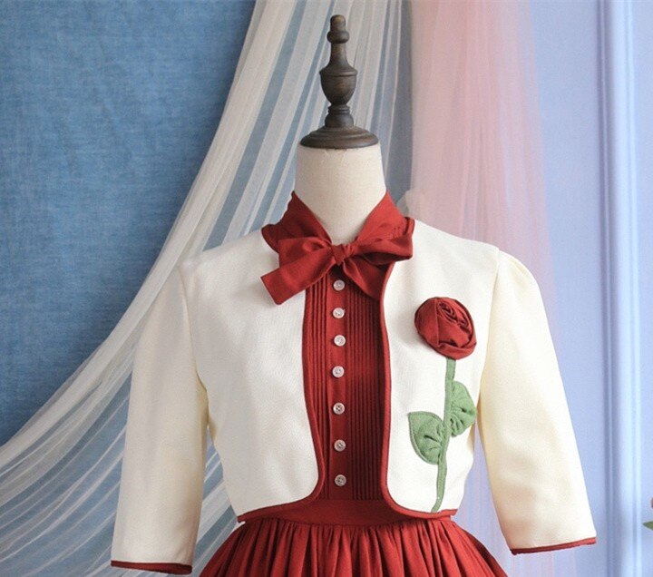 flowersverse Back to school outfit Vintage French Style Woman Outfits Retro Gothic Red Bow Sleeveless Tank Dress & Short Design Elegant Jacket Modern 2 Piece Set