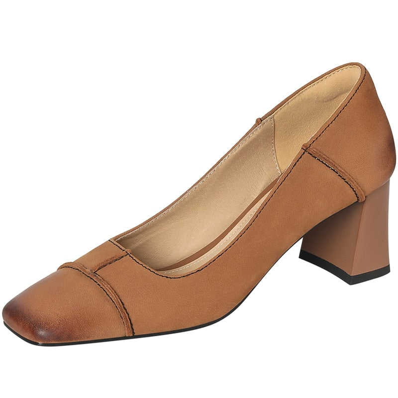 flowersverse new Spring women pumps natural leather 22-25cm length sheepskin+cowhide+pigskin full leather square toe shoes fashion