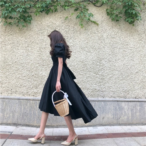 flowersverse Back to school outfit Women Dresses Summer French Sweet Temperament Female Retro Yamamoto Puff Sleeve Fresh Cross Bow-Lace Vestidos
