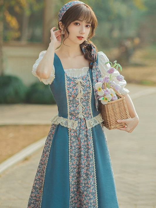 flowersverse Back to school outfit Summer Cottage Woman Vintage Outfits Japan Mori Girl Style Prairie Chic Print Bandage Lace Shirt & Floral Skirt 2 Piece Sets