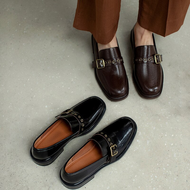 Back to school Hot sale Women's shoes 22-25cm length natural leather pumps Square toe buckle Women heels 2 colors black shoes heels for women
