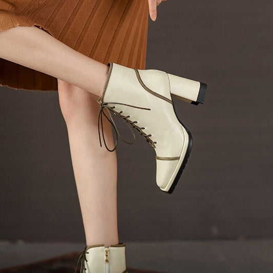 flowersverse NEW Fall Shoes Women Square Toe Chunky Boots for Women Winter Genuine Leather Boots High Heel Platform Boots Elegent Girl Shoes