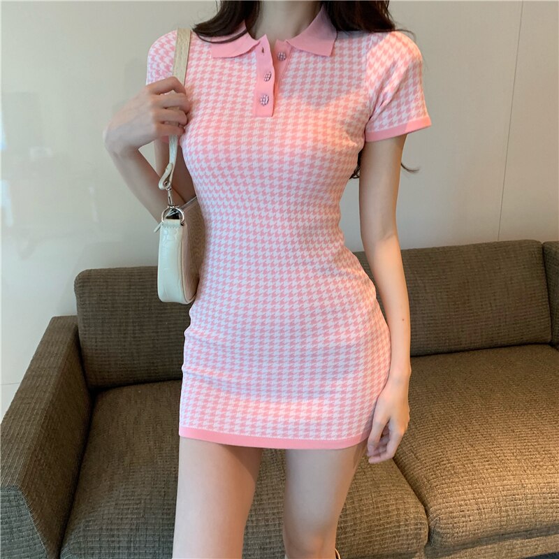 flowersverse Back to school outfit Woman Dresses Summer New Ins Fashion Korean Turn Down Collar Slim Plaid Short Sleeves Female Buttocks Vestidos