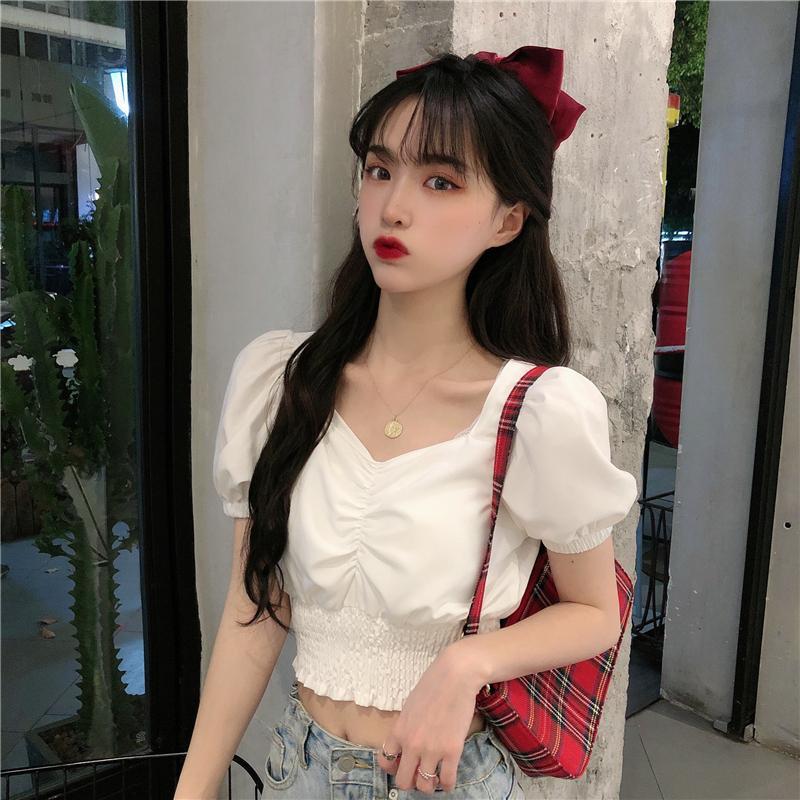 flowersverse Blouses Shirts Women Summer Puff-Sleeve Square Collar Solid Pleated Sweet Girls Crop-Top Korean Style Elegant Fashion Vintage
