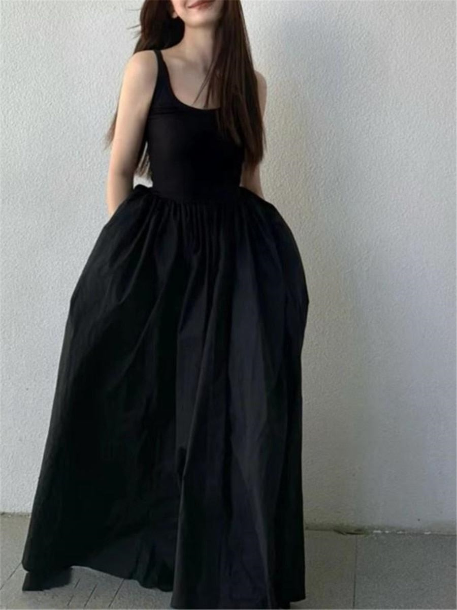 flowersverse Black Long Tank Dress Women Spring Summer O Neck Floor-length Office Lady Casual Pockets Dresses New Female Clothing