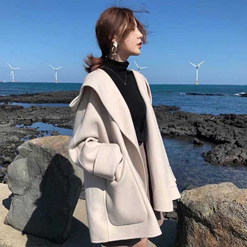 flowersverse Blends Women Solid Hooded Open Stitch Loose Gentle Design Basic All-Match Korean Style Fashion Ins Mujer Casual Warm College New