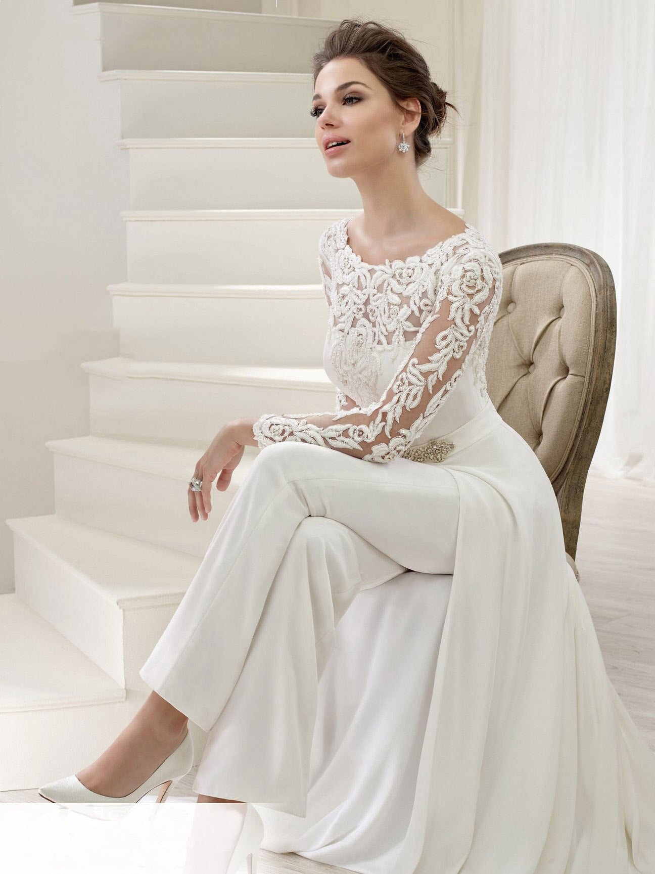 flowersverse Elegant Women's Evening Dress Lace Embroidered One-Piece Trouser Skirt With Cloak Solid Dress