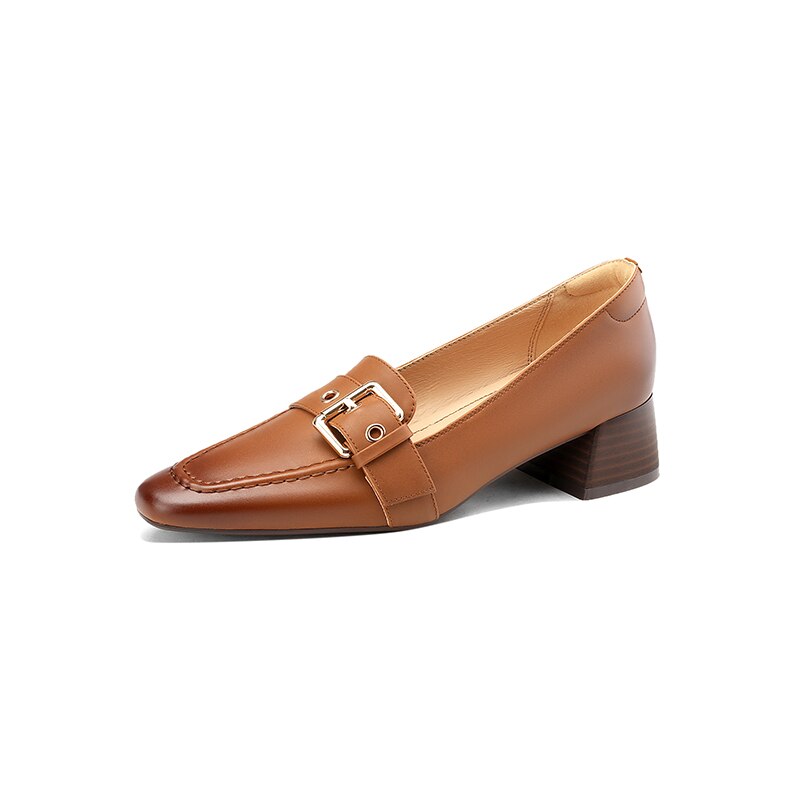 flowersverse new women pumps natural leather 22-25cm length cowhide+pigskin full leather Square toe Buckle Square heel ladies shoes